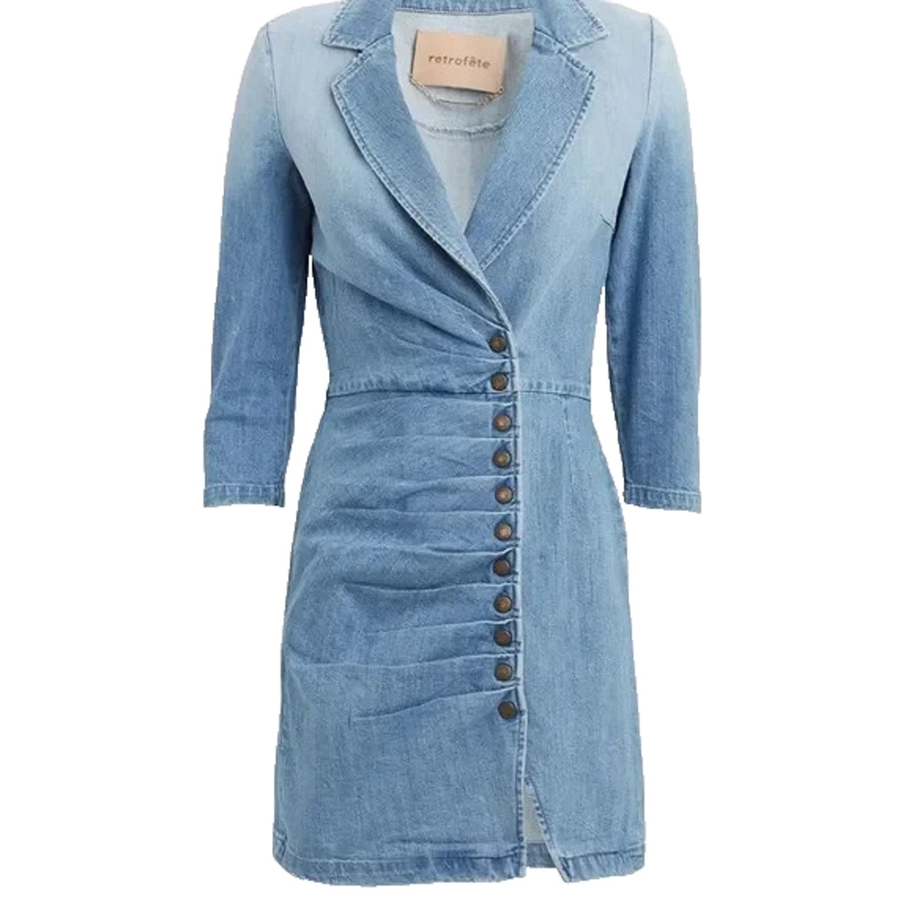 Retrofete Willa Mini Dress Light Blue Stone 3/4 Sleeve Notch Lapel Snap S - Picture 1 of 16